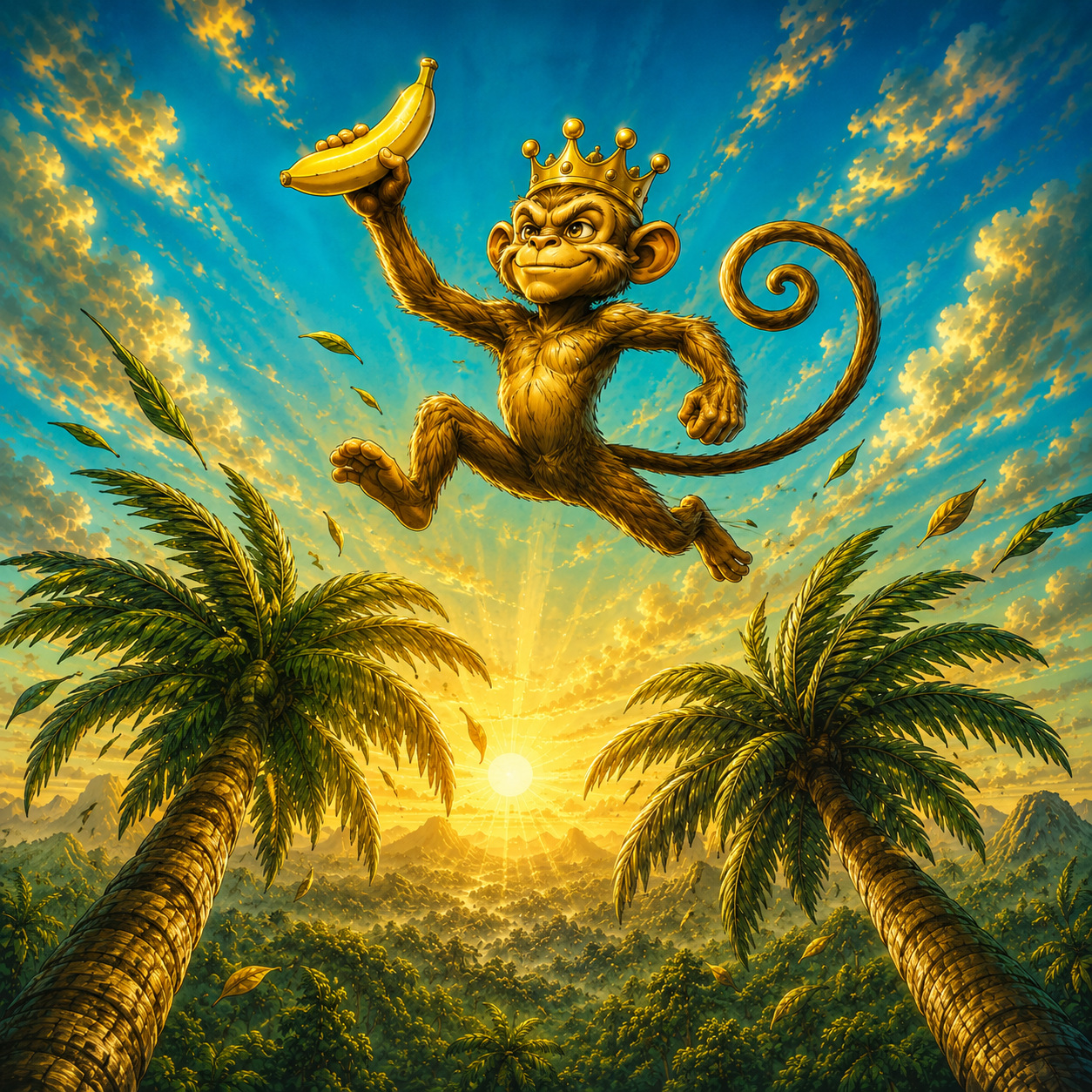 The crowned Top Banana Boss leaping between two palm tops with the banana raised high